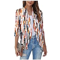 Fall Cardigans for Women 2023 3/4 Sleeves Summer Open Front Ruffled Draped Cardigan Striped Floral Print Kimono Cardigans