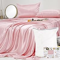 Upgraded 23 Momme Pink Silk Sheets Queen Size Set 4 Pieces, Natural Mulberry Silk Cooling Bed Sheets and Pillowcase Sets (Pink, Queen)