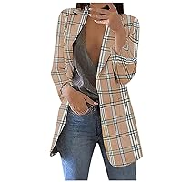 Fall Plaid Stripe Blazer for Women Open Front Casual Work Office Cardigan Jacket with Pockets Lapel Dressy Blazers