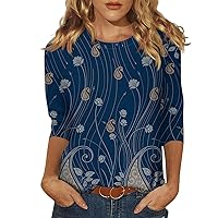 3/4 Length Sleeve Womens Tops Tees Blouses Crew Neck Cotton Shirts Dressy Casual Floral Tunic Petite T Shirts