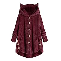 Teen Girls Fuzzy Plush Tops Coat Winter Keep Warm Button Down Cardigan Hoodies Jacket Kawaii Cat Ears Irregular Coats