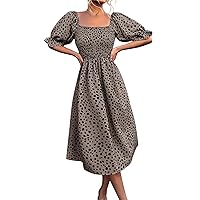 XJYIOEWT Plus Size Dress Pants for Curvy Women Petite,Women's Boho Floral Dress Puff Sleeve Square Neck A Line Slit Midi