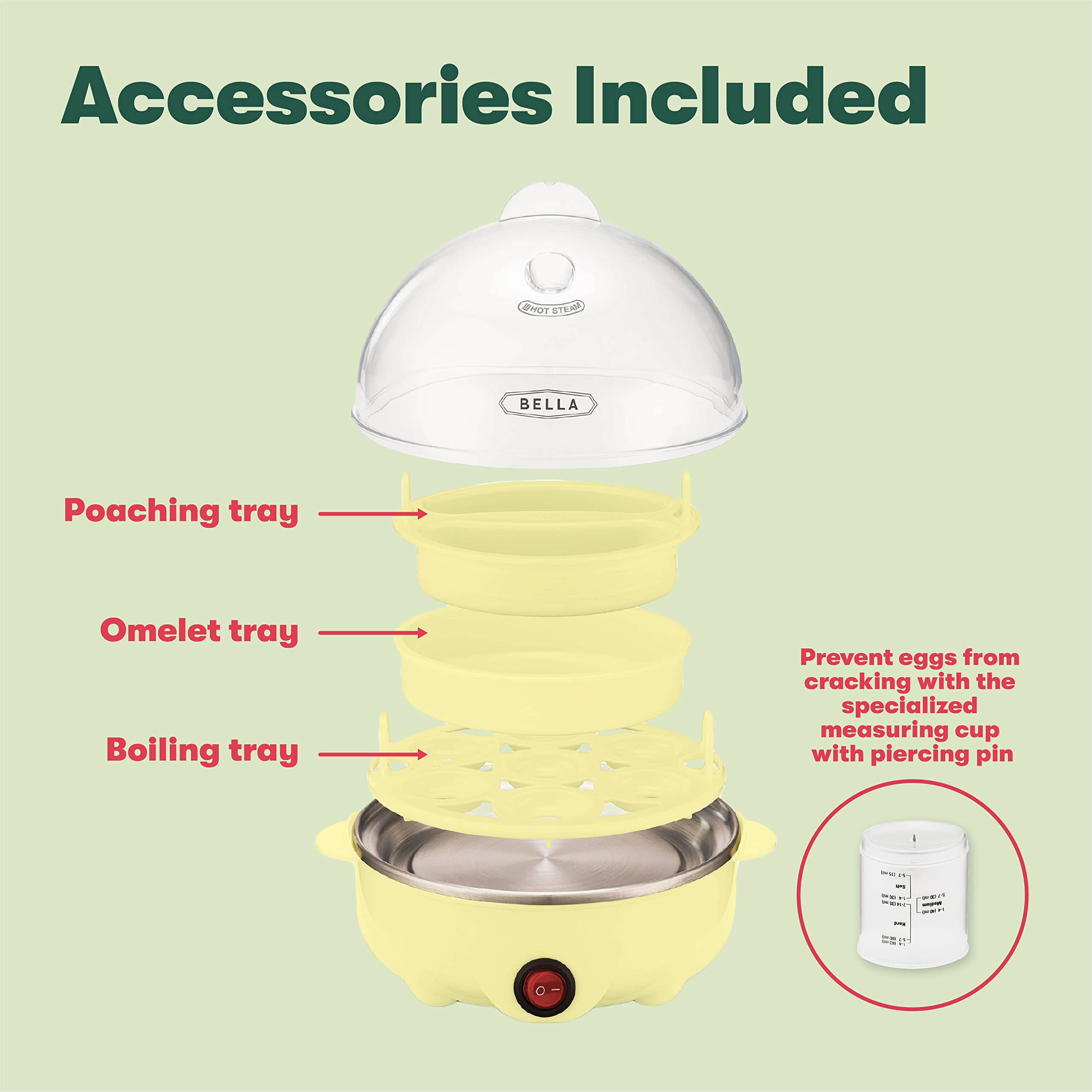 BELLA Rapid Electric Egg Cooker and Poacher with Auto Shut Off for Omelet, Soft, Medium and Hard Boiled Eggs - 7 Egg Capacity Tray, Single Stack, Yellow