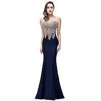 BABYONLINE D.R.E.S.S. Women's Gold Lace Applique Mermaid Prom Dress Long Ball Gown Elegant Evening Dress