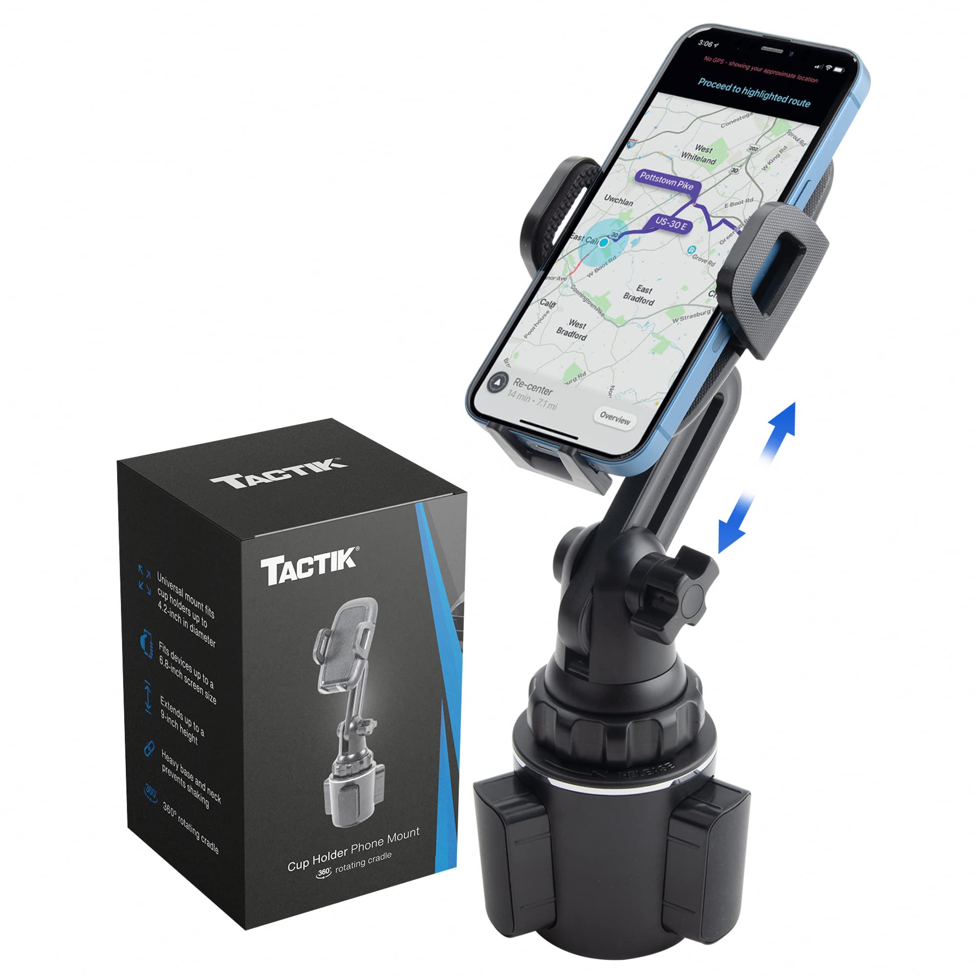 TACTIK Cup Holder Phone Mount Car Phone Holder Mount - Cell Phone Holder Car Adjustable 360° Rotation - Universal iPhone Holder for Car - Compatible with iPhone, Samsung Android, Google, Moto & More