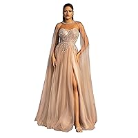 VIPGILR Women’s Formal Off Shoulder Tulle Prom Maxi Dress with Halter Cape, Sequin Split Thigh Ball Gown