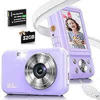 Digital Camera, FHD 1080P 44MP Kids Camera for Photography with 32GB Card, 16X Zoom Point and Shoot Digital Camera with Fill Light, Anti-Shake Compact Small Camera for Teens Boys Girls (Purple)