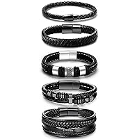 Black Leather Bracelets for Men Women 5pcs Mens Bracelet Leather and Steel Braided Cuff Bracelets