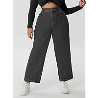 Women's Plus Size Denim Pants Plus Single Button Straight Leg Jeans Fashion Beauty Lovely Unique (Color : Black, Size : X-Large)