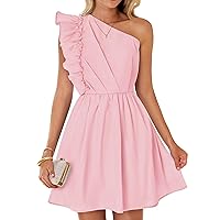 ZESICA Women's Summer One Shoulder Ruffle Dress 2024 Boho Sleeveless Elastic High Waist Swing Mini Dresses,Pink,Small
