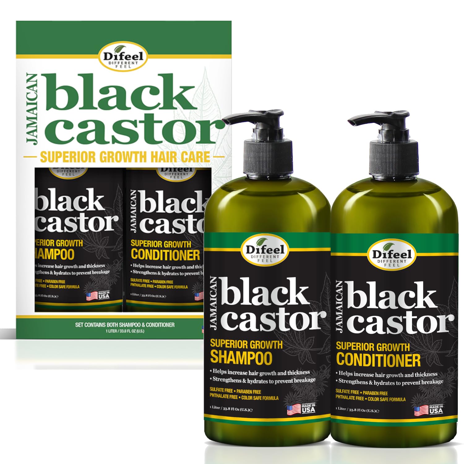 Difeel Jamaican Black Castor 2-PC Shampoo 33.8oz and Conditioner 33.8oz Gift Box - Shampoo & Conditioner Boxed Gift Set, Sulfate Free & Paraben Free