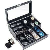 ProCase Wooden Men's Jewelry Box, Watch and Sunglasses Box Organizer for Men, 2-Tier Watch Holder and Glasses Display Cases with Clear Glass Top and Storage Drawer,Father's Day Gift -Black