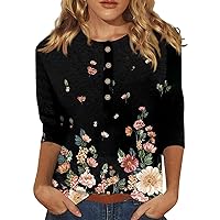 Summer Women's Fashion Casual Three Quarter Sleeve Flower Buttons Print Round Summer Vacation Tops for Women