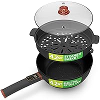 Nutrichef 4L Electric Frying Pan & 4L Steamer | Multifunctional Portable 1000W Non-Stick Pot for Cooking | Durable Heat Safe Handle | Touch Control Panel | Includes a Spatula | Black