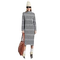 Dresses for Women Striped Pattern Mock Neck Sweater Dress (Color : Black and White, Size : Medium)
