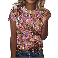 Womens Summer Tops Trendy Glitter Printed T Shirt Casual Short Sleeve Tunic Tee Round Neck Soft Lightweight Blouse