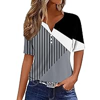 Womens Summer Color Block Striped T-Shirt Short Sleeve V Neck Button Down Henley Shirts Loose Tunic Blouse and Tops