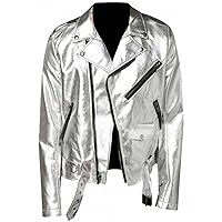 Mens New Shiny Silver Brando Slim Fit Motorcycle Belted Leather Jacket