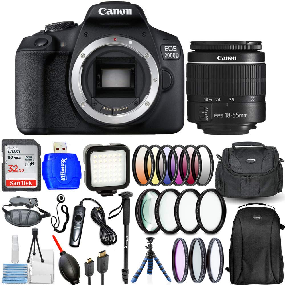 Pixel Hub Canon EOS 2000D / Rebel T7 with 18-55mm III Lens - Accessory Bundle Includes: 32GB Ultra SD, LED Light, 6PC Gradual Color Filter Kit, Backpack, Gadget Bag, Tripod and More (Renewed)