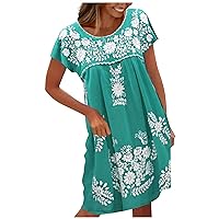 Dresses for Women 2024 Summer Loose Round Neck Ethnic Style Round Neck Raglan Short Sleeve Dress