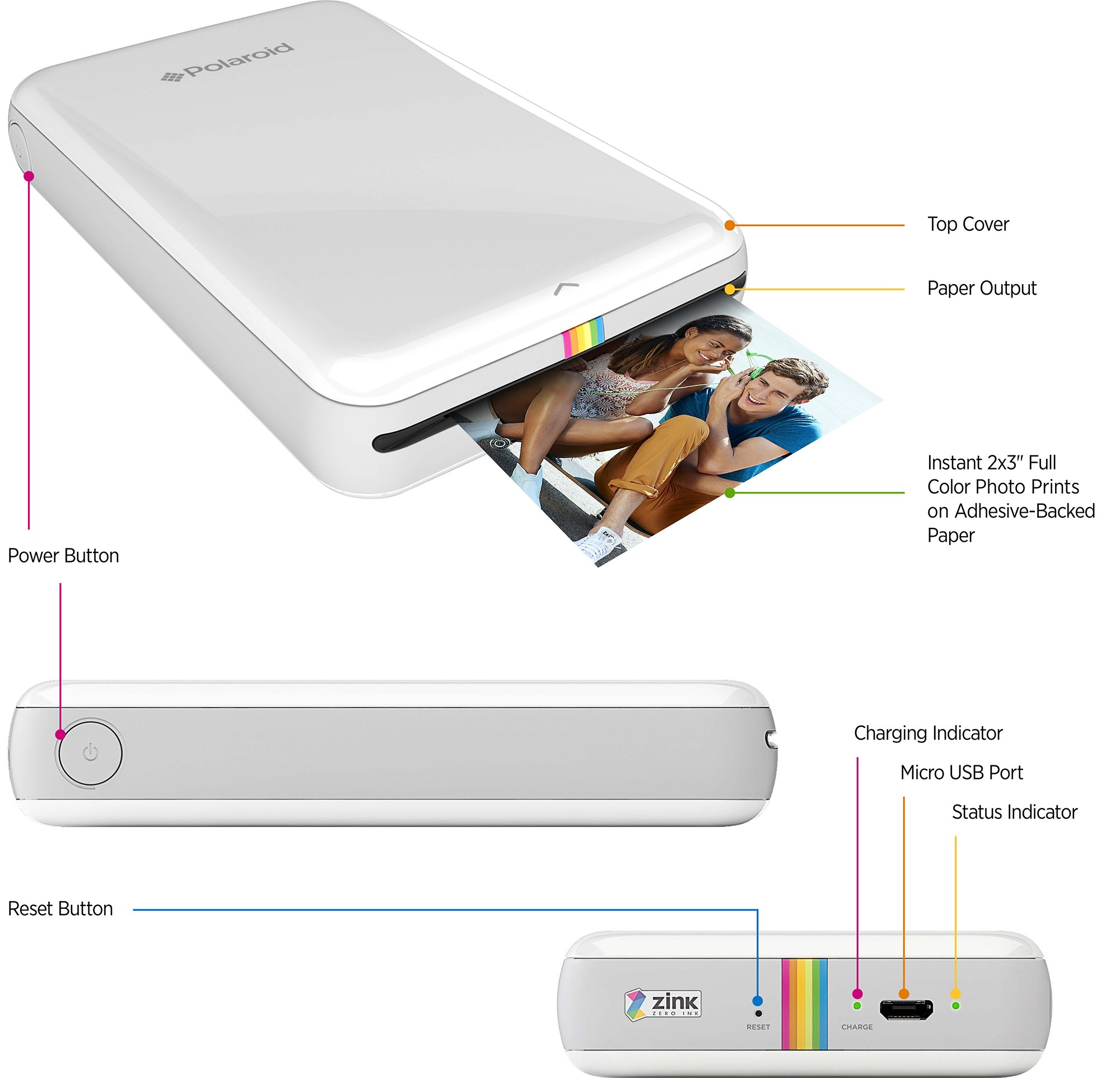 Zink Polaroid ZIP Wireless Mobile Photo Mini Printer (White) Compatible w/ iOS & Android, NFC & Bluetooth Devices