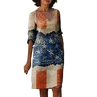 Dresses for Women 2024 Summer Casual Half Sleeve V-Neck Independence Day Print Tunic Vintage Cocktail Party Dress