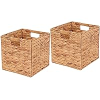 Wicker Storage Cubes Wicker Storage Baskets Rectangular Laundry Organizer Totes for Shelves,Foldable Handwoven Water Hyacinth Storage Baskets for Organizing Set of 2 Pcs,11x11x11inch