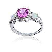 DECADENCE Sterling Silver Rhodium Cubic Zirconia Baguette/Round & 7mm Cushion Cut Created Ruby Center/5mm Cushion Cut Created Opal Side Ring