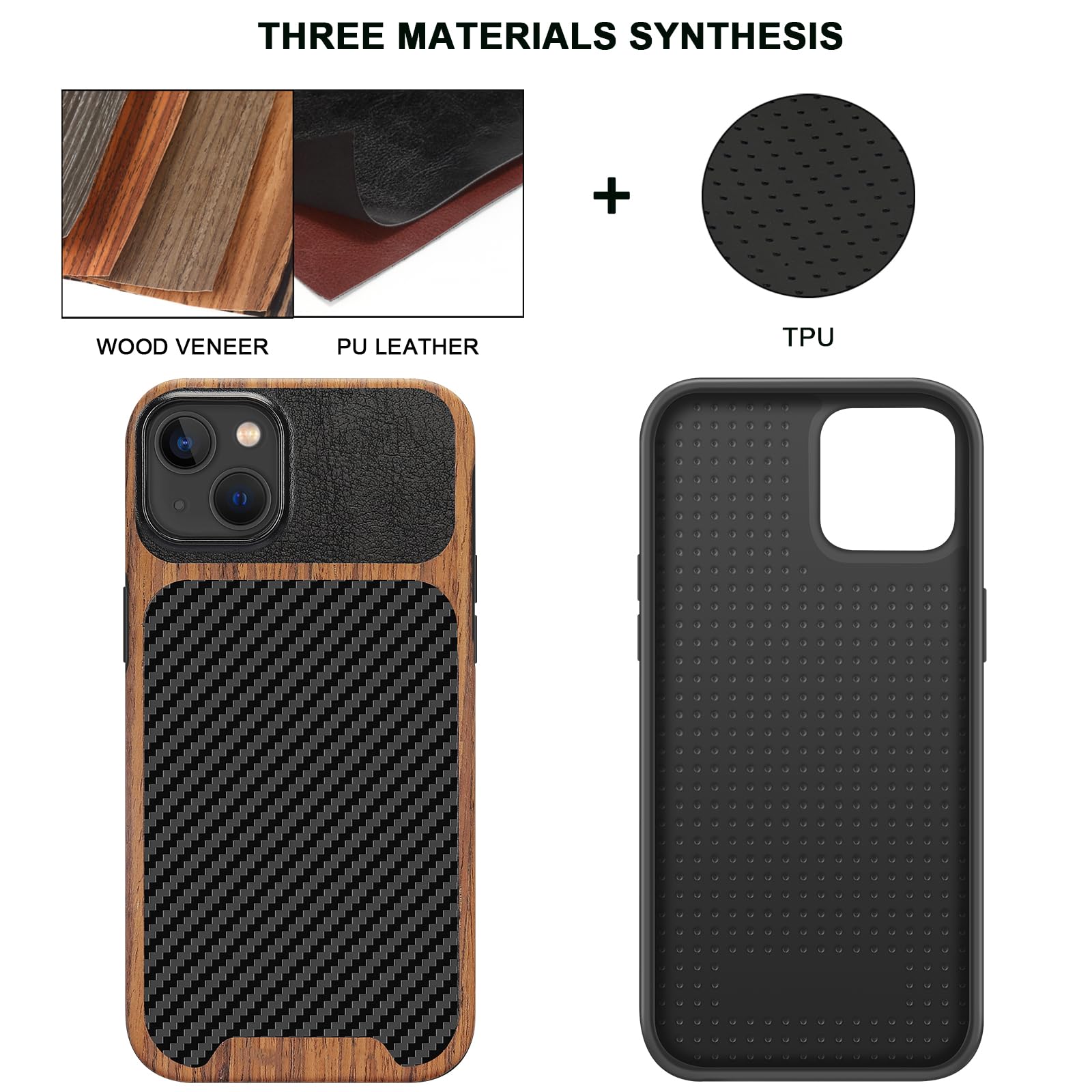 TENDLIN Compatible with iPhone 15 Case Wood Grain with Carbon Fiber Texture Design Leather Hybrid Slim Case (Black)