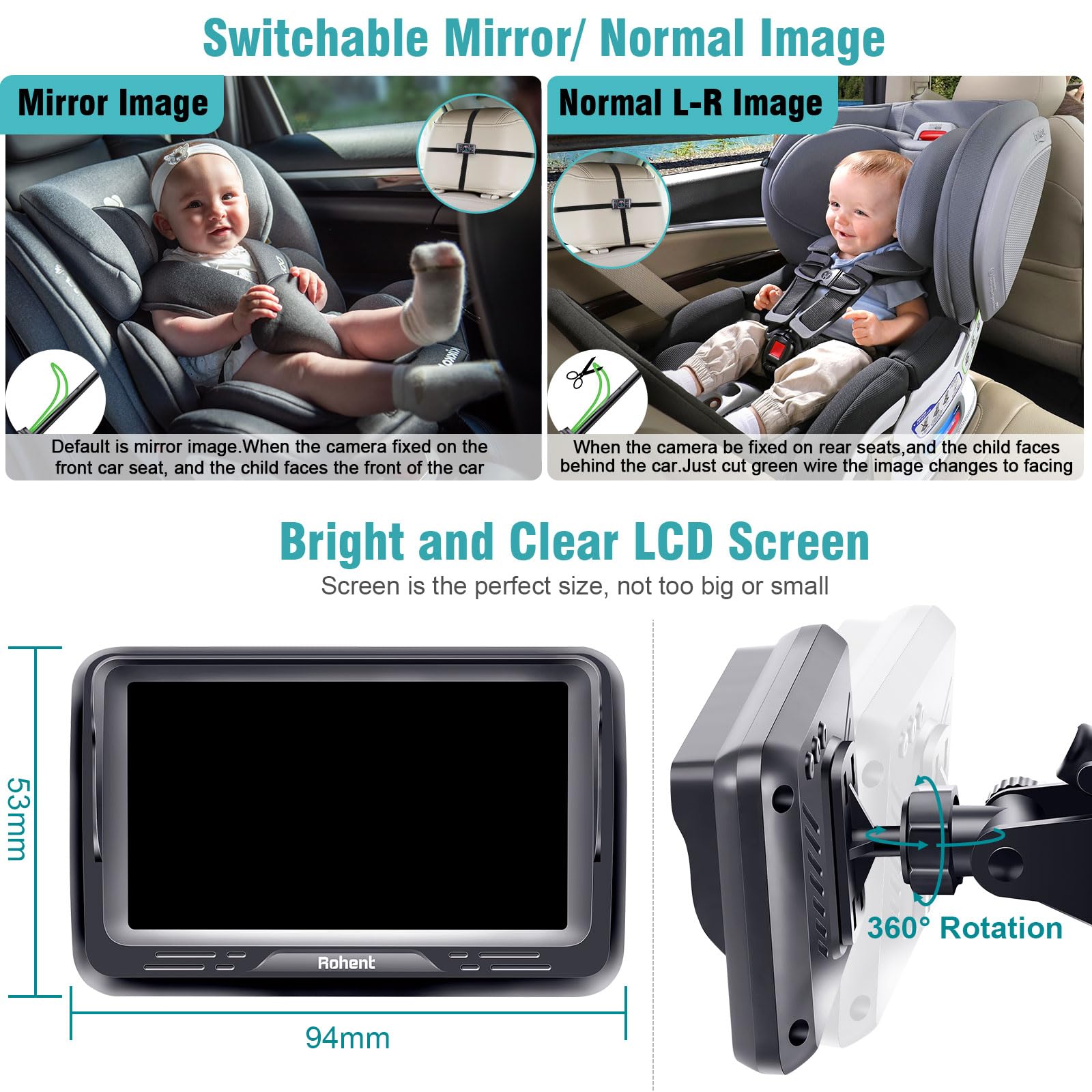 Rohent Baby Car Camera HD 1080P - 360° Rotating Crystal Night Vision Car Baby Monitor with Camera Rear Facing Infant Carseat Camera Backseat 3 Mins Easy Installation N06