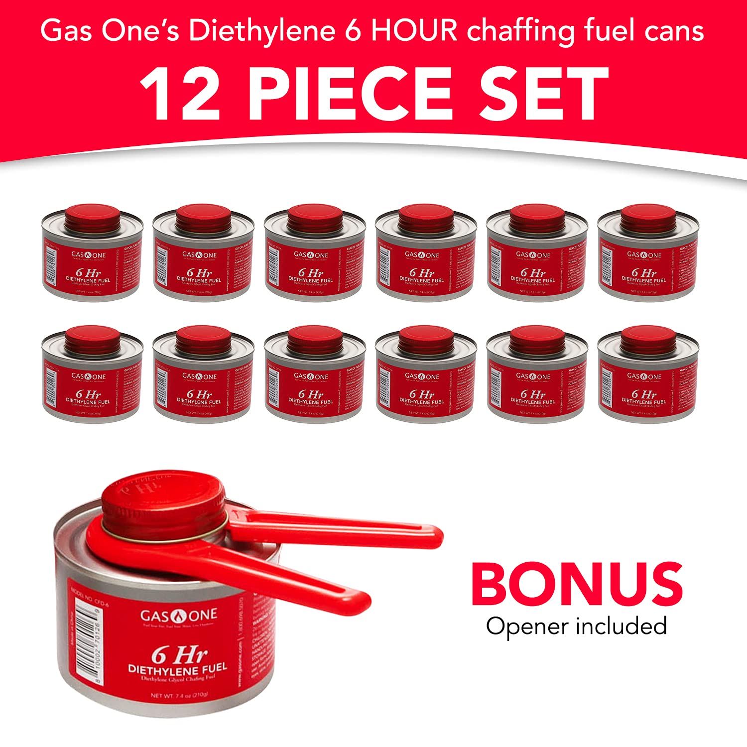 Gas One 12 pack 6 Hour Chafing Fuel - Food Warmer for Chafing Dish Buffet Set - Liquid Safe Fuel With Wick & Lid Opener for Chafing Dish