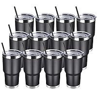 DOMICARE 30 oz Tumbler with Lid and Straw, Stainless Steel Tumblers Bulk, Insulated Vacuum Double Wall Travel Coffee Mug, Durable Powder Coated Tumbler Cups (Black, 12)