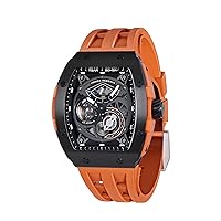 Mens Watch Automatic Mechanical Movement Chronograph Original Design 50M Water Resistance with Tonneau Stainless Steel case and Silicone Strap Unique Fashion Gift for Men