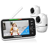 HelloBaby 5’’ Baby Monitor with 26-Hour Battery, 2 Cameras Pan-Tilt-Zoom, 1000ft Range Video Audio Baby Monitor No WiFi, VOX, Night Vision, 2-Way Talk, 8 Languages and Baby Registry Search