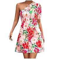 Women One Shoulder Puff Short Sleeve Bohemian Mini Dress Summer Fashion Floral Asymmetrical Dresses for Vacation