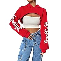 GORGLITTER Women's Letter Graphic Long Sleeve Super Crop Hoodie Drop Shoulder Sweatshirt Pullover Top Without Cami