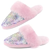 Girls Fluffy Slippers,Sequin Faux Fur Fuzzy Slip-on House Slippers with Memory Foam House Shoes for Girls Bedroom Slippers