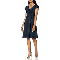 London Times Women's Double Ruffle V-Neck Fit and Flare Midi Length Dress Guest of Occasion Polished Chic