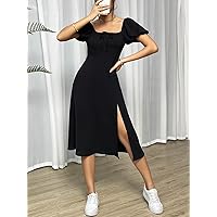 Women's Casual Dresses Square Neck Split Hem Dress Charming Mystery Special Beautiful (Color : Black, Size : X-Small)