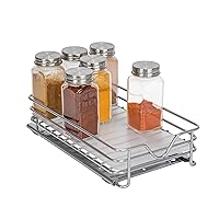 Household Essentials Glidez Powder-Coated Steel Pull-Out/Slide-Out Basket Storage Organizer with Plastic Liner for Spice Rack Use - 1-Tier Design - Fits Standard Size Cabinet or Shelf, Brushed Silver