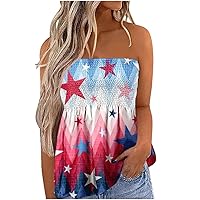 Women American Flag Tube Tops Smocked Pleated Strapless Cami Shirts Summer Casual Loose Fit Backless Bandeaus