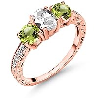 Gem Stone King 2.22 Ct Oval White Created Sapphire Green Peridot 18K Rose Gold Plated Silver Ring