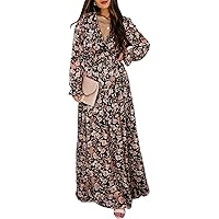 BLENCOT Womens Casual Floral Deep V Neck Long Sleeve Long Evening Dress Cocktail Party Maxi Wedding Dresses