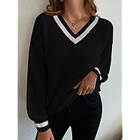 Women's Sweater Ribbed Knit Drop Shoulder Cricket Sweater Sweater for Women (Color : Black, Size : Medium)