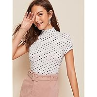 Women's T-Shirt Polka-dot Print Mock-Neck Slim Top T-Shirt for Women (Size : X-Small)
