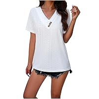 Women's Summer Tops Dressy Casual Eyelet Embroidery Short Sleeve V Neck Buttons Blouses Trendy Going Out Tunic Shirts