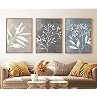NATVVA 3 Pieces Abstract Botanical Flower Wall Art Canvas Prints Blue Gray Beige Botanical Poster Painting Pictures for Farmhouse Bedroom Home Decor with Wooden Inner Frame