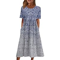 Casual Plus Size Midi Dress Trendy Short Sleeve Summer Pleated Boho Dress Formal Elegant Vintage Floral Beach Dress