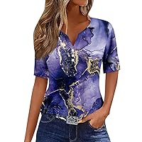 Summer Tops for Women 2024 T Shirt Tee Print Button Short Sleeve Daily Basic V- Neck Regular Top