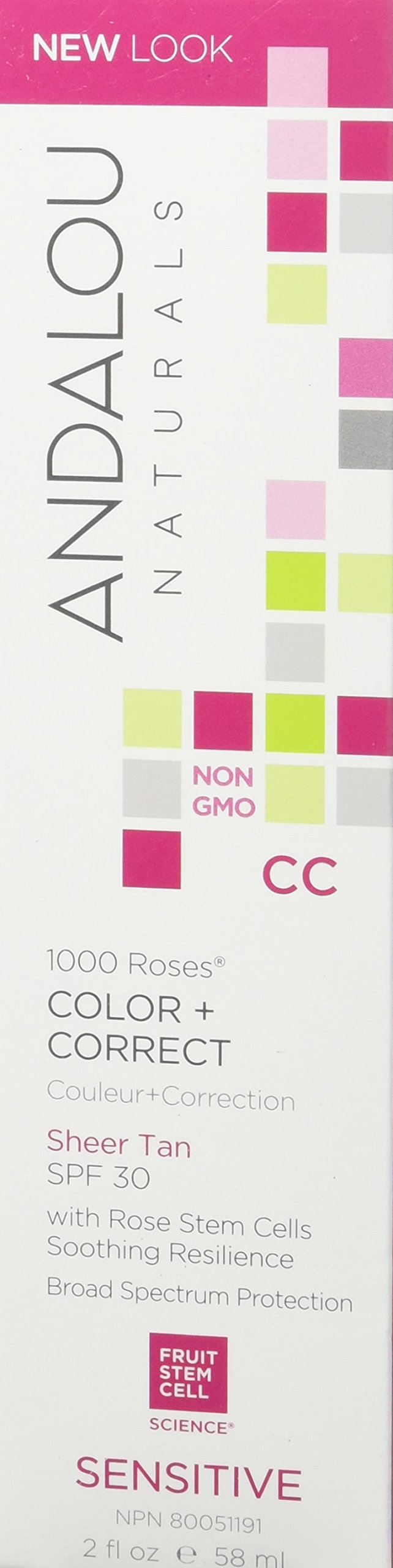 Andalou Naturals 1000 Roses CC Color + Correct with SPF 30, Sheer Tan, 2-in-1 Face Sunscreen + CC Cream for Sensitive Skin, Helps Correct Uneven Skin Tone, Reef Safe Sunscreen, 2 Fl Oz